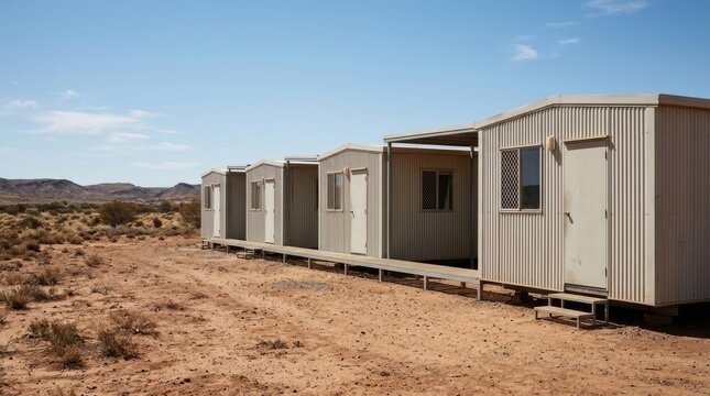 Row of portable cabins aligned in arid outback landscape. Worker housing units with lit windows at sunset. Remote industrial accommodation concept for mining sites and rural development.