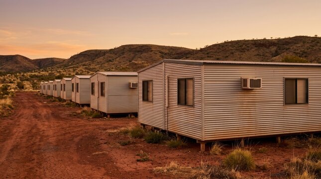 Row of portable cabins aligned in arid outback landscape. Worker housing units with lit windows at sunset. Remote industrial accommodation concept for mining sites and rural development.