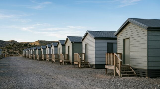 Row of portable cabins aligned in arid outback landscape. Worker housing units with lit windows at sunset. Remote industrial accommodation concept for mining sites and rural development.