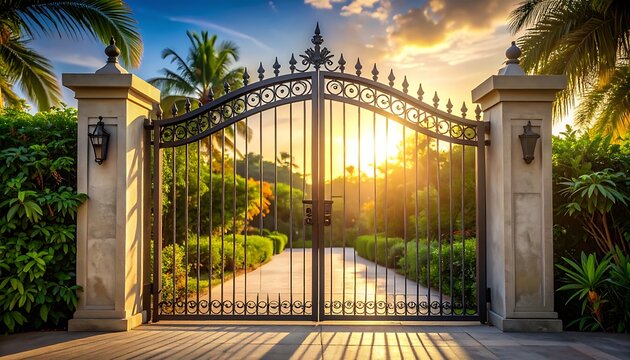Elegant wrought iron gates opening onto a lush tropical driveway, bathed in the warm golden light of a setting sun, symbolizing entrance and luxury