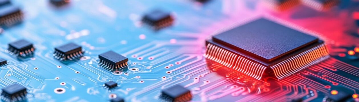Vibrant blue PCB showcasing a prominent, red-glowing microchip surrounded by smaller ICs, representing high-tech computing and data processing innovation. Chip, Technology