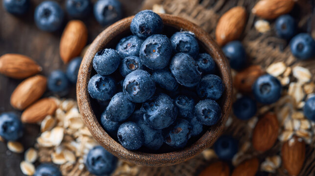 Fresh blueberries with water droplets in a wooden bowl surrounded by almonds and oat flakes on a rustic wooden surface for healthy snacking
