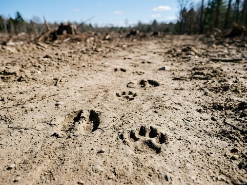 Wildlife paw prints and hoof tracks on dry dusty ground in a clear-cut deforested forest landscape.