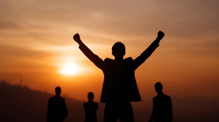 Fototapeta premium Silhouette of business team stand and feel happy on the most hight at the mountain on sunset, success, leader, teamwork, target, Aim, confident, achievement, goal, on plan, finish, generate by AI