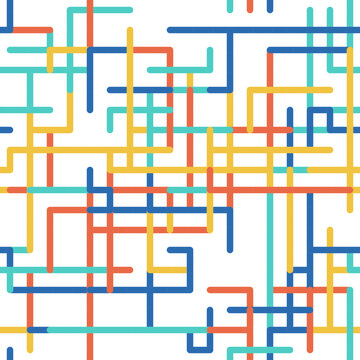 Colorful intersecting lines seamless pattern vector. Abstract network and transit map concept on white background. Geometric design