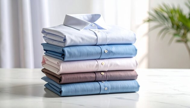 Stack of neatly folded dress shirts.