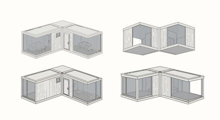 Fototapeta premium Set of Modern Isometric Modular Container Home Designs - Prefabricated Architectural Tiny House Concepts