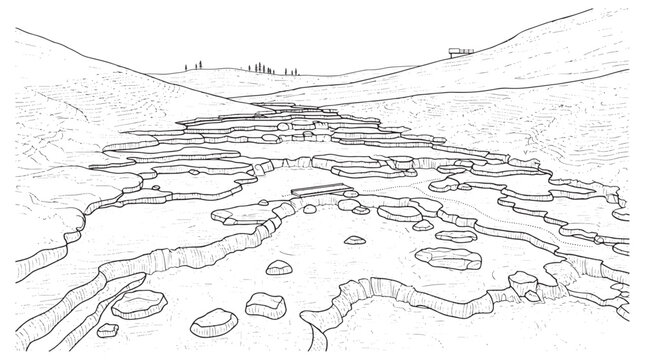 River Canyon Terraces and Landscape Line Art - Vector Topographic Valley Illustration with Waterfalls, Hot Springs, and Nature Path Elements