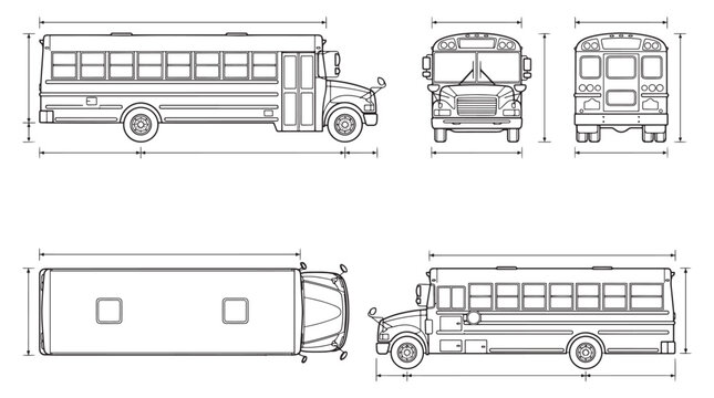 School Bus Blueprint Technical Drawing With Multiple Views, Dimensions and Vehicle Outline for Transport Design