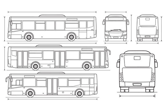 City Transit Bus Technical Drawing Blueprint - Vector Bus Elevations with Dimensions for Vehicle Wrap Design, Mockups, and Transport Planning