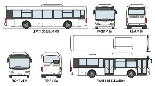 City Bus Technical Elevation Blueprint Vector Showing Front Rear Left Right And Top Views For Transit Design
