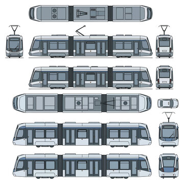 Modern Tram And Light Rail Vector Set With Top Side And Front Views For Urban Transit Design