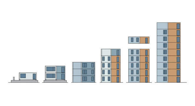 Modular Architecture Evolution Diagram: Progressive Stages of Prefabricated Building Construction from Single Unit to Skyscraper Apartment