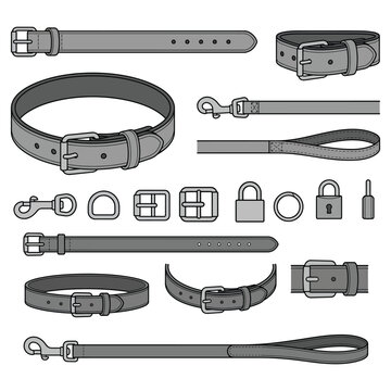 Leather Belt and Accessory Technical Illustration Set -  Collection of Fashion Belts, Metal Buckles, Straps, Leashes, and Hardware for Apparel Design