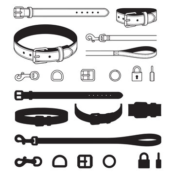 Dog Collar and Leash Vector Icons Set - Pet Accessories with Buckles, Clasps, and Hardware Hardware Elements