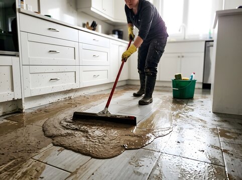 Professional Cleaner Using Squeegee to Remove Dirty Flood Water and Mud from Modern Kitchen Floor