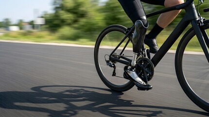 Fototapeta premium Close Up of Para Athlete with Leg Prosthesis Riding Road Bike at High Speed on Asphalt Road