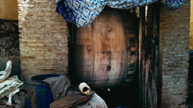 Traditional Wooden washing machine Inside The Traditional Tannery In Morocco