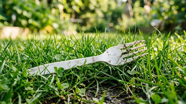 Close up dirty plastic fork abandoned in green grass as environmental pollution and littering
