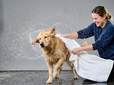 Woman Drying Wet Golden Retriever Shaking Off Water with White Towel in Professional Grooming Studio
