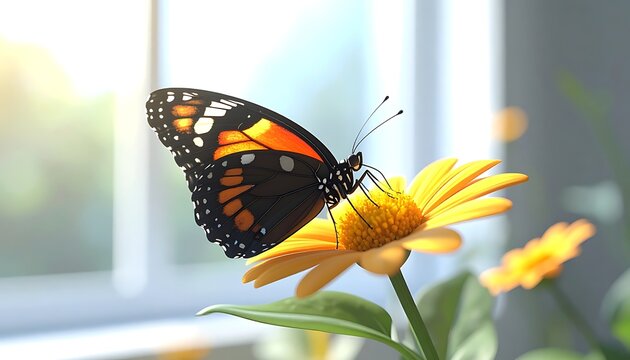 Detailed monarch butterfly with orange and black wings feeding on a bright yellow flower in soft sunlight, natural spring setting