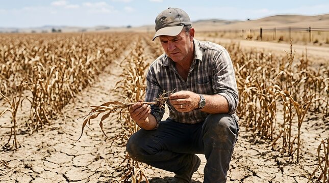 Farmer kneeling in dead corn field holding dried leaf during severe drought at rural farm