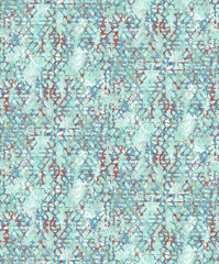 Seamless sophisticated emerald blue and red geometric pattern featuring elegant layered lattice motifs with distressed vintage paint texture