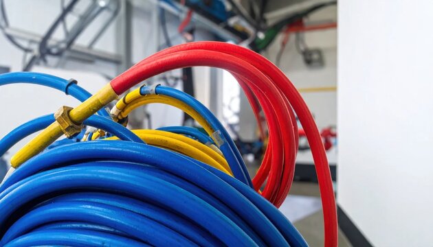 Bundled industrial hoses in red, blue, and yellow, coiled neatly for machinery and equipment use