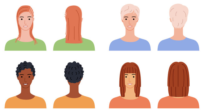 Iconic hairstyles flat color set with cornrows, hime cut, kiss curls and finger waves, clean vector characters for avatars, beauty apps and fashion illustration