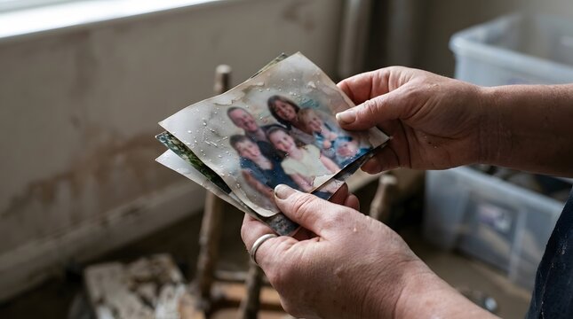 Close up of hands holding old damaged family photographs in room representing nostalgia and memories