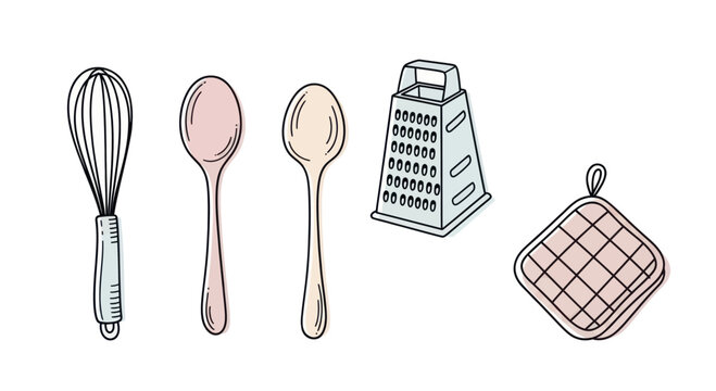 Assortment of hand-drawn kitchen utensils including a whisk, spoons, grater, and pot holder.