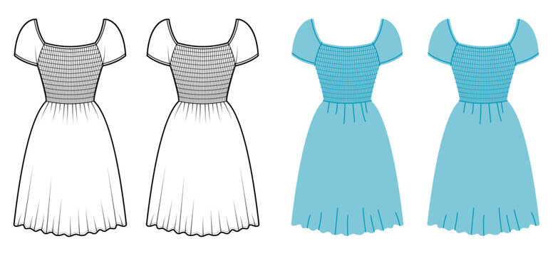 Midi dress with smocked bodice, short sleeves and flared skirt soft gathered volume and fitted upper silhouette. Technical fashion illustration in black white and color, front and back views. Vector