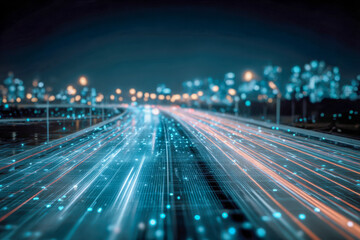 Fototapeta premium Futuristic digital highway illuminated by glowing blue and orange light trails symbolizing high-speed data flow and modern technology in a night cityscape environmen