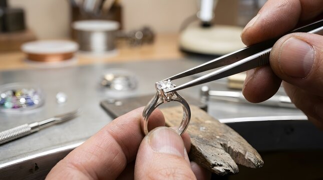 Close up of artisan hands using tweezers to set diamond on silver ring in jewelry workshop studio