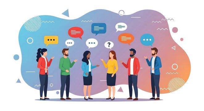 Illustration of diverse individuals engaging in a dynamic group discussion, fostering open communication, collaborative teamwork, and effective idea exchange in a vibrant social setting