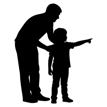 Silhouette of a father and son pointing at something.