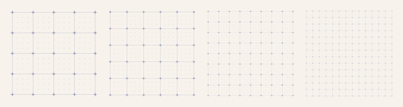 Square grid collection dot matrix cross geometry, four samples blueprint style. Dense point lattice structure, interface layouts editorial compositions planning sheets digital technology graphics