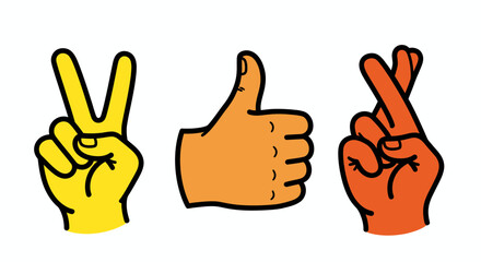 Obraz premium Three Hand Gestures in Bright Cartoon Illustration Showing Peace, Thumbs Up, and Victory.