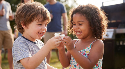 Obraz premium Summer barbecue toddlers sharing marshmallow laughing together outdoors for joyful childhood friendship celebration party lifestyle photography