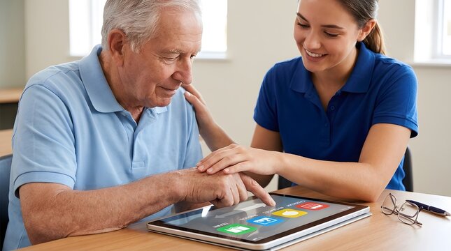Young nurse teaching elderly man how to use digital tablet computer in a bright healthcare facility