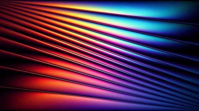Glowing neon gradients flow across diagonal ribbed glass. Bright spectral light spreads over smooth layered surface with radiant rainbow transitions for immersive motion design. Seamless loop. 4K