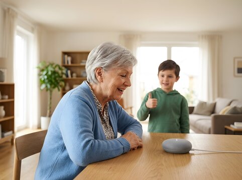 Happy senior woman and grandson using smart speaker voice assistant in modern bright living room