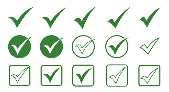 Collection of green check marks and checkbox icons in various styles for approval graphics and validation visuals.