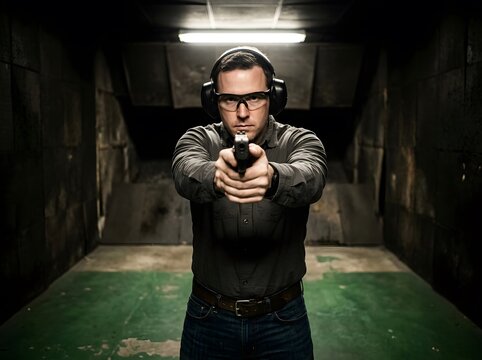 Man aiming handgun at indoor shooting range wearing ear and eye safety protection for target practice