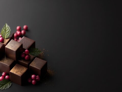 Elegant dark chocolate cubes with dusting of cocoa powder, red berries, and green leaves arranged artistically against a black background for gourmet dessert concept