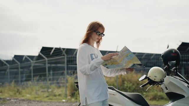 Young woman traveler checking map on scooter trip