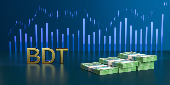 Bangladeshi taka currency stacks with BDT symbol and financial stock chart