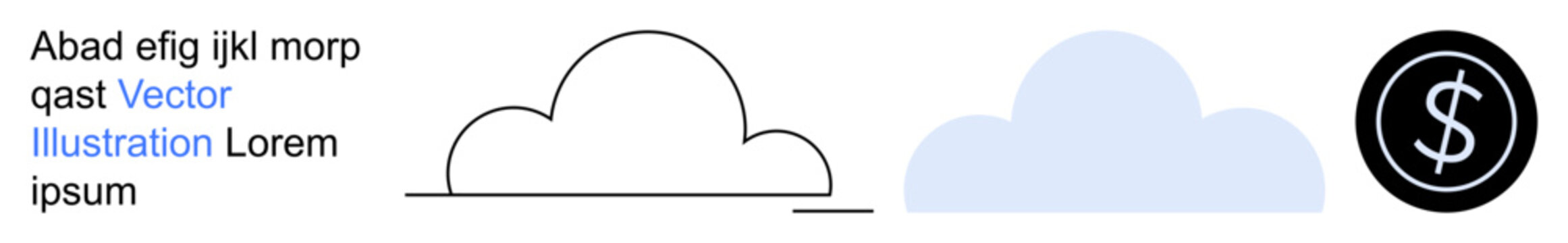 Cloud computing, data storage, financial savings, digital services, technology, and business. Minimalistic cloud shapes with a dollar sign logo. Cloud computing and financial savings concept