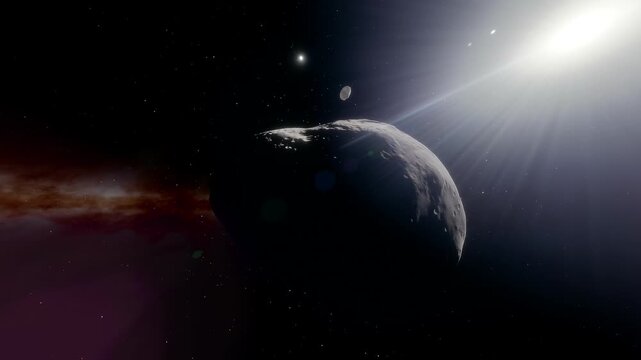 Animation of the main belt asteroid 6615 Plutarchos rotating slowly against a cosmic starfield. 