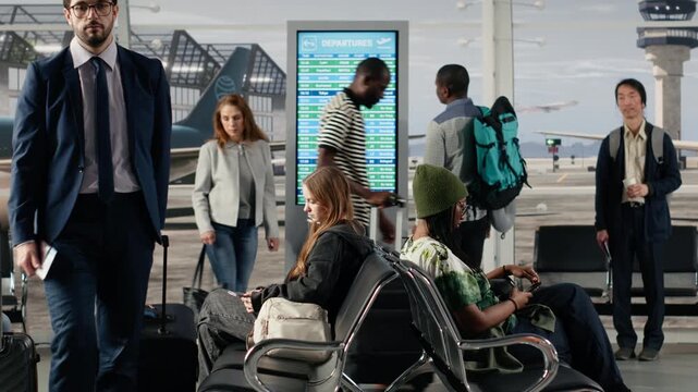African american man and woman checking flight schedule screen in airport. Multiethnic passengers walking in airplane terminal, looking at flight timetable on departure board, traveling on vacation
